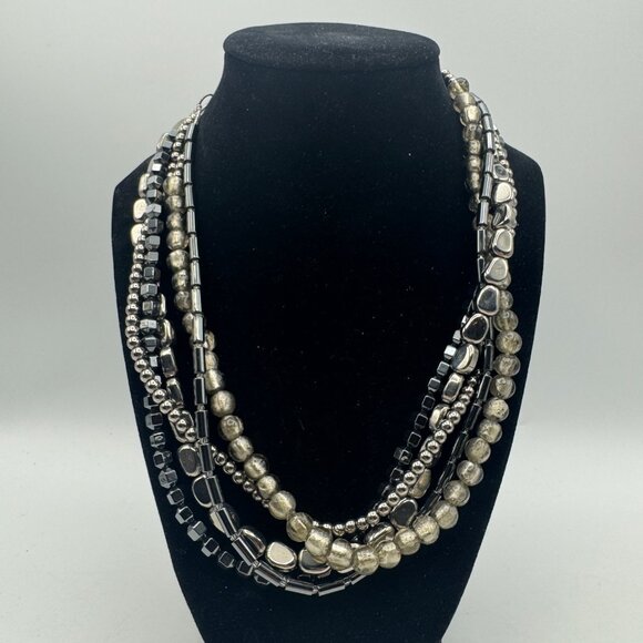 Multistrand Silver Beaded Statement Necklace Adjustable Sterling .925 Tag 16-18 - Picture 1 of 5